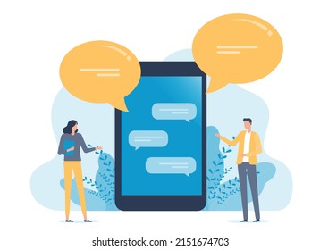 Flat vector people team communication working online with mobile application and social network meeting for business concept