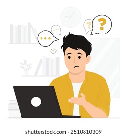 Vetor plano pessoas pensando dúvida fazendo perguntas olhando telefone plana ilustração
