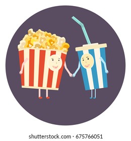 Flat vector perfect cinema friends couple - popcorn and cola. Cute cartoon movie theater characters icon for design, print, covers, banners, logotype, background