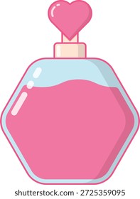 Flache Vektorparfümflaschensymbole mit herzförmigen Deckeln in rosa und schwarzen Farben. Minimale und elegante kosmetische Duftsymbole, perfekt für Beauty-Apps, UI-Design, Branding, Verpackungen und romantische oder Valentinstag-Themen.