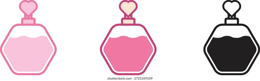 Flache Vektorparfümflaschensymbole mit herzförmigen Deckeln in rosa und schwarzen Farben. Minimale und elegante kosmetische Duftsymbole, perfekt für Beauty-Apps, UI-Design, Branding, Verpackungen und romantische oder Valentinstag-Themen.