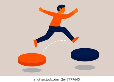Flat vector of a person jumping from an orange circle to a blue circle with a dotted path-symbolizing personal growth, courage, and embracing change