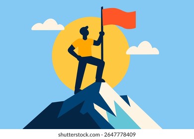 Flat vector of a person standing atop a mountain holding a red flag, with a yellow sun and clouds-symbolizing success, achievement, and personal triumph