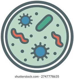 Flat vector petri dish with microbes and bacteria shapes. Great for science education, microbiology content, laboratory visuals, and medical presentations.