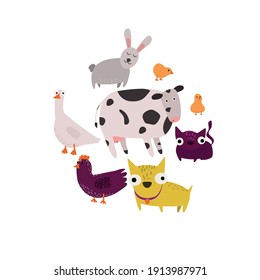 flat vector, pets, chicken, chick, cow, dog, claw, goose, rabbit, cat on a white background