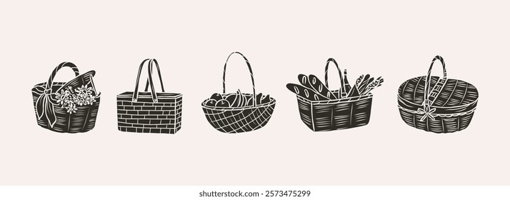 Flat vector picnic baskets collection