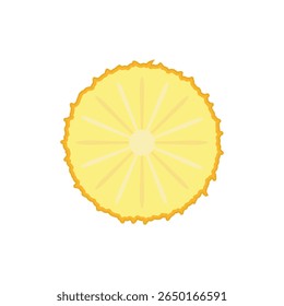 Fatia de abacaxi vetor plana com borda texturizada. Ícone tropical suculento para embalagens de suco, coquetéis, cartazes, menus de verão, rótulos de frutas, designs infantis e marca de alimentos.