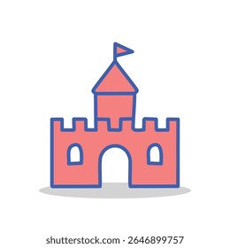 Vetor plano ícone de castelo rosa com contorno e bandeira em negrito. Ideal para aplicativos infantis, designs de contos de fadas, gráficos educativos, interface de usuário de jogos ou elementos da Web fantásticos. Editável e escalável.