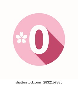 Flat vector pink circle icon featuring the number zero and a cute cherry blossom flower with long shadow effect.