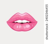 Flat Vector Pink Female Lips Icon Closeup. Woman Lips Giving Kisses. Kiss, Love, Sexy and Beauty Concept. Modern Pop Art Cartoon Comic Style, Simple Design