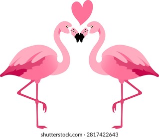 Flat vector pink flamingo heart couple, flat vector illustration of two flamingo birds facing each other with heart shape above