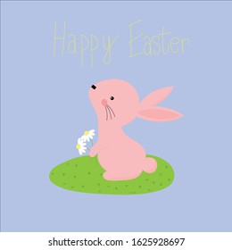flat vector of a pink rabbit holds flowers on green grass and blue sky greeting Happy Easter