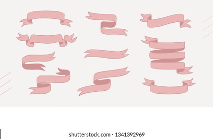 Flat vector pink ribbons banners isolated on white background, Hand drawn illustration set of pink tape