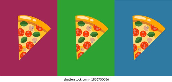 Flat vector pizza set on green, magenta, blue background. Ideal for posters, print, delivery logo. Margherita with salami, mushrooms, basil, rocket leaves, mozzarella parmigiano cheese.