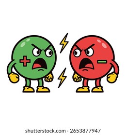 Vetor Plano de Mais e Menos Emoji Personagens Argumentando - Desenhos Animados Símbolos Verde e Vermelho com Braços, Pernas, Olhos Grandes e Raios Parafusos Entre Eles em Branco Limpo Fundo