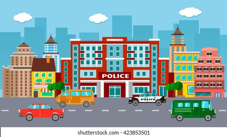 Flat vector police office station with cars and city