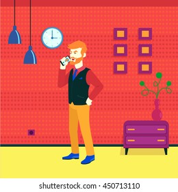 flat vector pop art room character man clock vase with flowers 