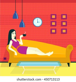 flat vector pop art room character woman clock sofa
