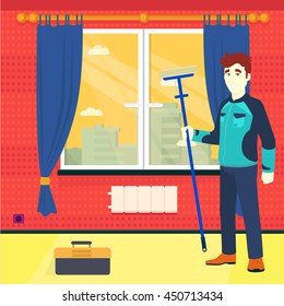 Flat Vector Pop Art Room Character Man Window Mop