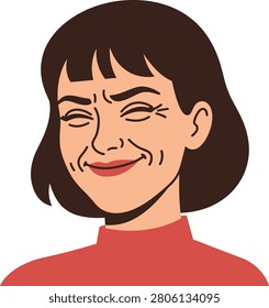 Flat vector portrait of a cheerful young woman with a bob haircut and bangs winking playfully, ideal for avatar, profile, and lifestyle branding designs.
