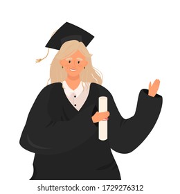 Flat vector portrait of a graduate girl in graduate uniform in cartoon style. A cheerful graduate of a school or university with an education diploma in her hands.