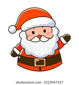 Flat vector portrait of a happy Father Christmas waving his hand in greeting Christmas Father Christmas sticker badge for New Year, isolated vector illustration