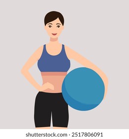 Flat vector portrait of joyful woman playing with a ball in a casual outfit, ideal for lifestyle and sportsrelated concepts.