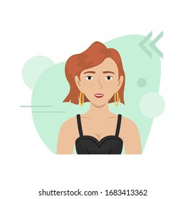 Flat vector portrait of a red-haired girl with freckles in a sexy top and red lipstick.