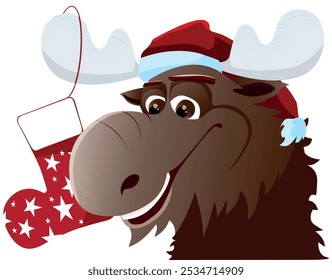 Flat vector portrait of smiling happy New Year deer. Cartoon Christmas reindeer isolated vector illustration, front view