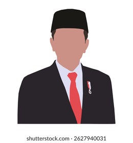 Flat Vector Portrait with Songkok, Red Tie, and Medal, Simple Figure with Traditional Headwear and Solid Colors