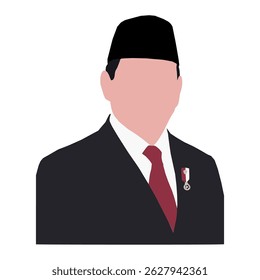 Flat Vector Portrait with Songkok, Red Tie, and Medal, Simple Figure with Traditional Headwear and Solid Colors