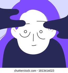Flat vector portrait of a very tired woman with purple hair and bags under the eyes. Dark clouds as a depression metaphore. Outburn and fatigue concept