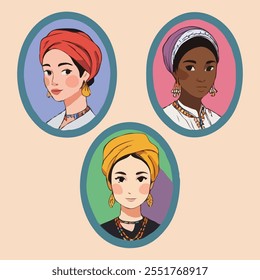 Flat vector portraits of diverse individuals wearing turbans, braided hair, or accessories, with cultural symbols like pottery.