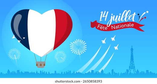 Cartão postal vetor plano para 14 juillet (14 de julho): balão tricolor em forma de coração contra o pano de fundo da Torre Eiffel, fogos de artifício e show aéreo. estilo mínimo, ideal para mídias sociais, banners, convites.