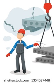 Flat vector poster about work safety. Worker in uniform doesn't test slings on construction plant. As a result, an accident is possible.