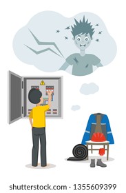 Flat vector poster about work safety. Electrical engineer is working without personal protective equipment.  As a result, an accident is possible.
