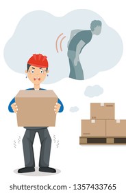 Flat vector poster about work safety. Worker in uniform doesn't observe the rules of carrying weights by hands . As a result, he can hurt his back.