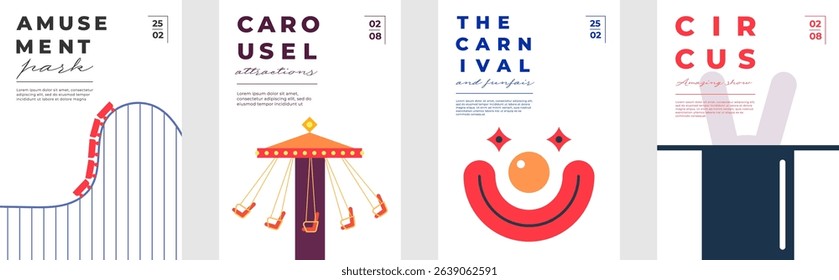 Flat vector poster set of amusement park and funfair themes. Includes circus, rollercoaster, carousel, clown and festive elements. Perfect for kids events, city fairs and carnival invitations.