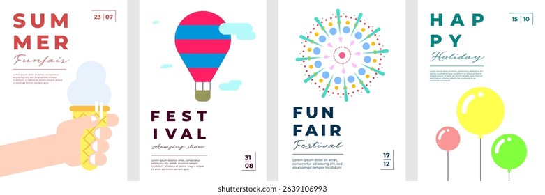 Flat vector poster set of summer carnival and funfair with kids activities. Hand with ice cream, balloons and fireworks. Perfect for party flyers, vacation events and festive banners.