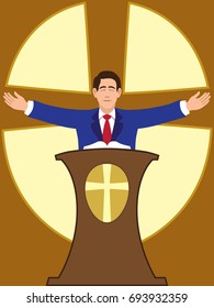 Flat Vector Preacher is spreading his arms during worship service