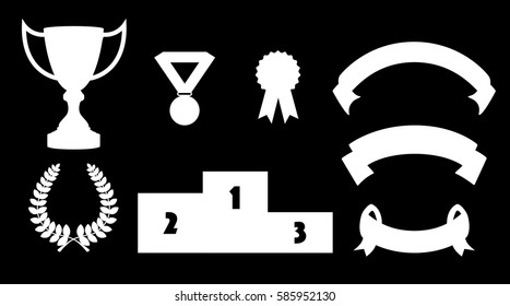 Flat vector prizes, medals, cups, trophy and laurel on black background
