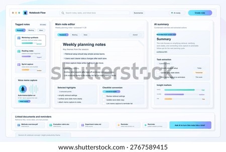 Flat vector productivity dashboard for AI notebook app with note editor, summary panel, voice memo capture, tags, tasks and linked files