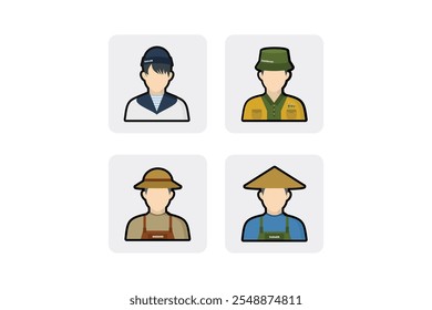 Flat Vector Profession Icon Pack - Sailor, Fisherman, Farmer, Breeder