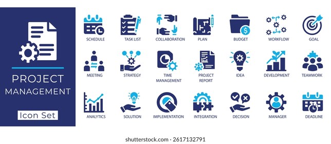 Flat vector project management icon set. Featuring task list, time management, strategy, teamwork, analytics, planning, deadline,  integration icons.
