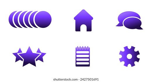 Flat Vector Purple Gradient Colour Icons Set - Sun Icon, Home Front, Chat bot icon, Star logo icon, Daily Diary, Mobiles Setting icon. Set of simple vector gradient icons looks perfect in small size.
