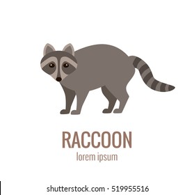 Flat vector raccoon isolated on white background. Colorful illustration for your company logo or label. Flat style European forest animal collection