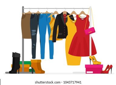 Flat vector racks with clothes on hangers