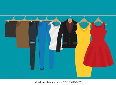 Flat vector racks with clothes on hangers