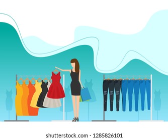 Flat vector racks with clothes on hangers. Girl Shopping.