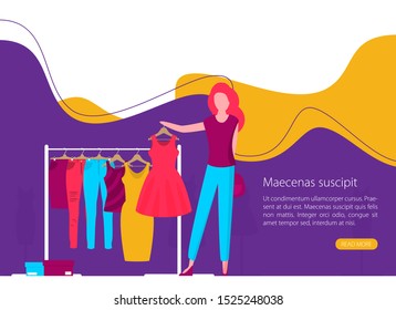 Flat vector racks with woman and clothes on hangers. Girl Shopping.